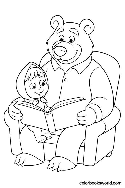 Masha in pajamas sits on Bear’s lap in an armchair as Bear reads a large book.