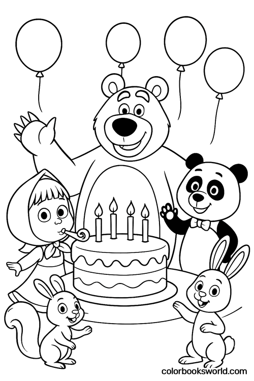 Masha, Bear, Panda, Hare and Squirrel celebrate with cake, balloons, and Masha blowing a party horn.