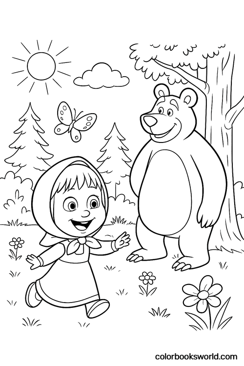 Masha chases butterflies as the Bear smiles beside a tree in a sunny forest clearing.