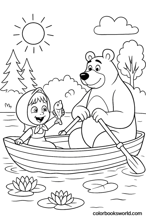 Masha holds up a small fish while Bear rows a little boat across a calm pond.