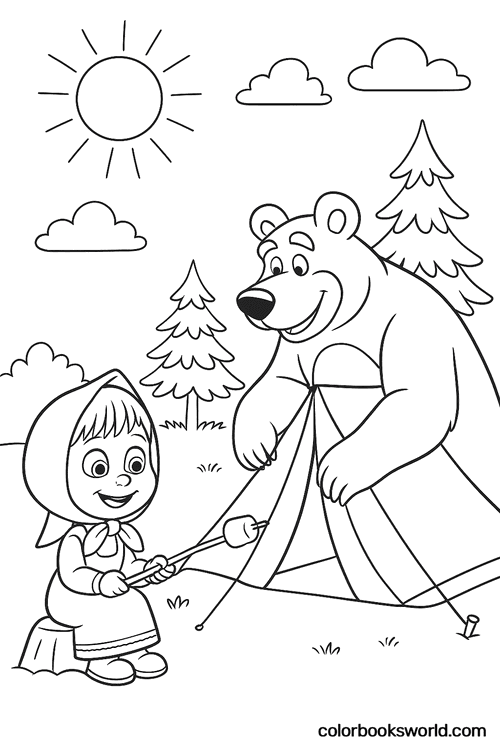 Masha roasts a marshmallow while the Bear sets up a tent in a sunny forest.