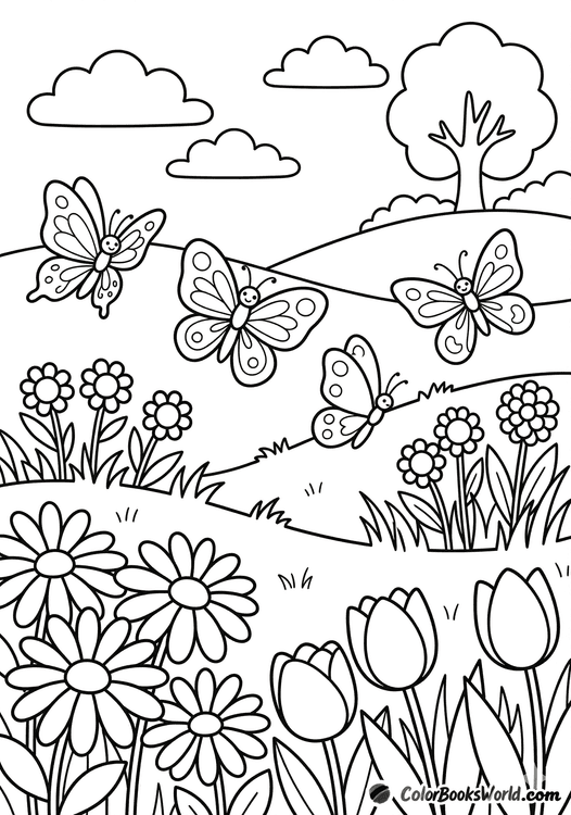 Smiling butterflies fly above a meadow filled with daisies and tulips near a stylized tree.