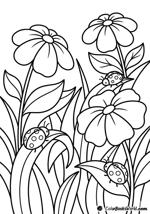 Three ladybugs crawl on tall grass blades among large meadow flowers in a close-up view.