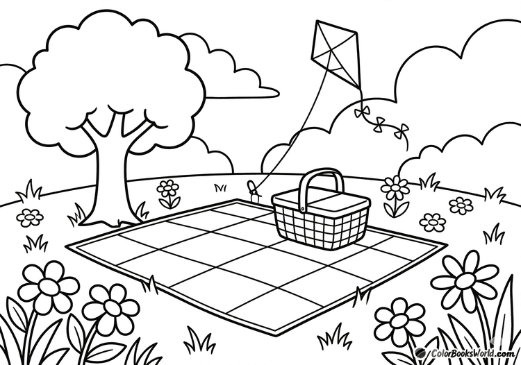 A picnic blanket and basket under a tree, with a kite flying above a flowered meadow.