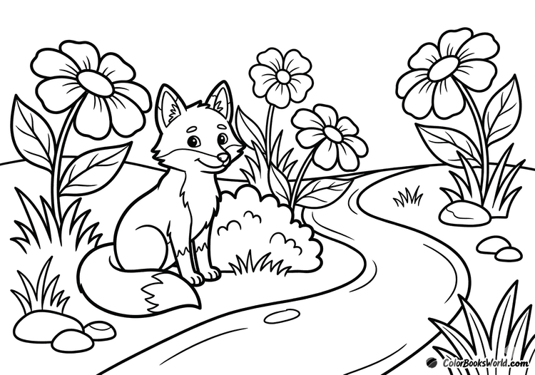 A friendly cartoon fox sits in a meadow with oversized flowers, a winding path, and small stones.