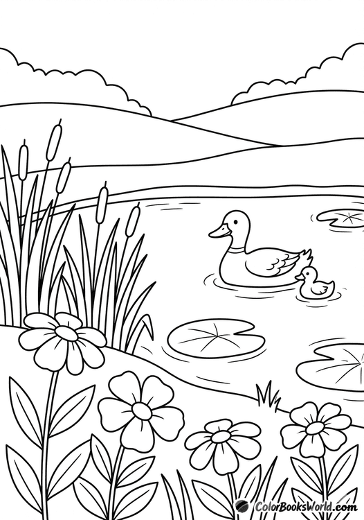 A parent duck and duckling float on a pond with lily pads and reeds.