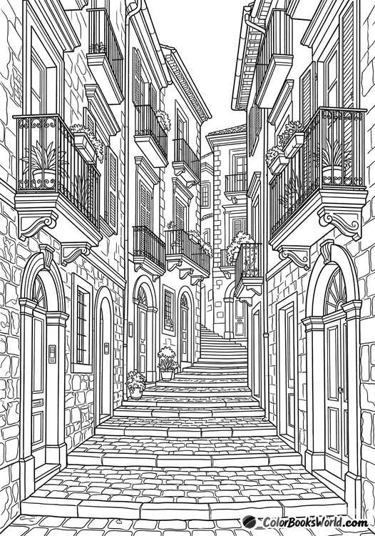 Narrow stone stairs winding between tall Mediterranean townhouses with ornate balconies and arched doorways.