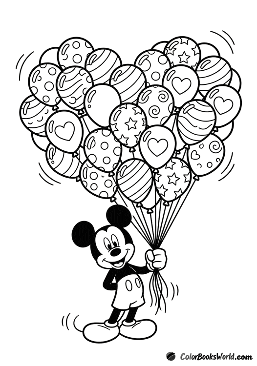 Mickey Mouse smiling while holding a heart-shaped bouquet of patterned balloons.