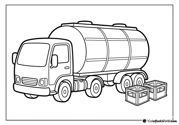 Cartoon milk tanker truck with a rounded tank trailer and two milk crates beside it.