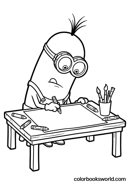 Tim leans over a craft table, drawing a large blank poster with scattered crayons and a brush cup.