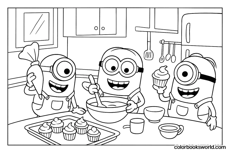 Three Minions bake cupcakes in a kitchen, mixing batter and holding a cupcake.