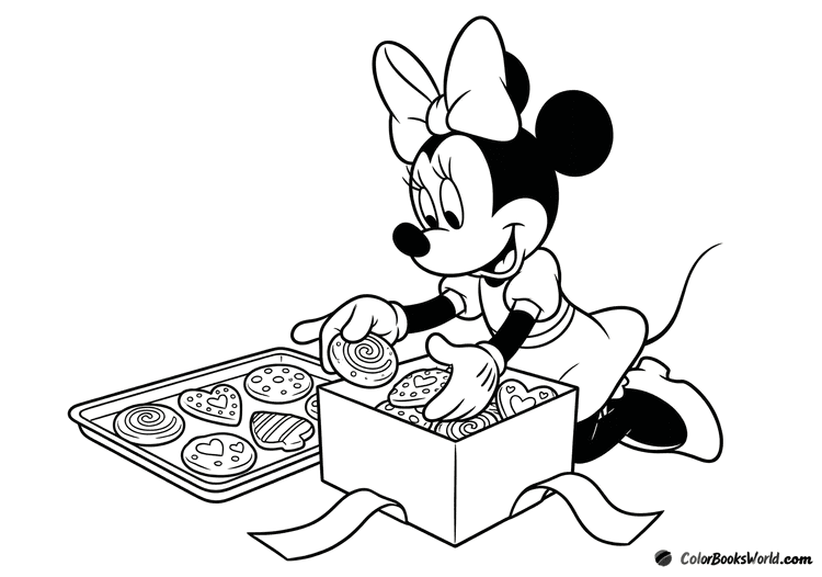 Minnie Mouse carefully places decorated cookies into a ribboned gift box.