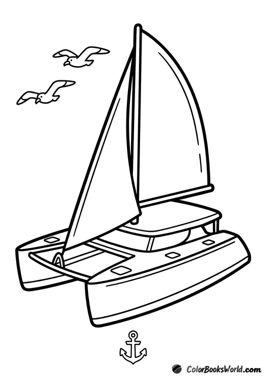 A modern twin-hull catamaran with large sails, two seagulls overhead, and a small anchor near the bow.