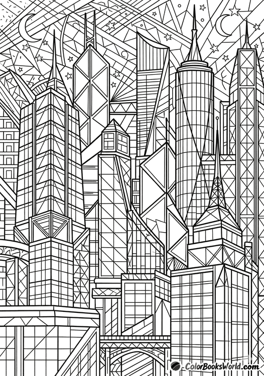 A geometric line art illustration of modern skyscrapers and glass buildings under a starry night sky.