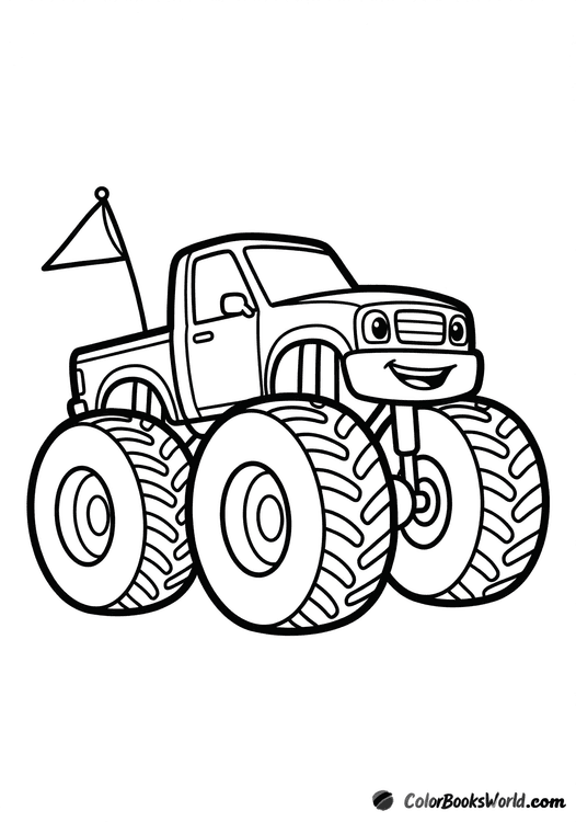 Cartoon monster truck with oversized wheels, simple tire treads, and a small pennant flag.