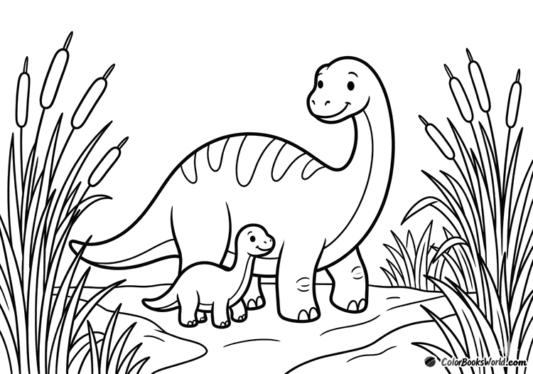 A friendly mother sauropod walks beside her baby dinosaur through tall reeds.