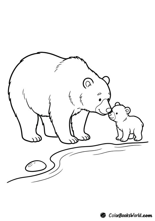 A mother bear gently nudges her cub beside a calm stream, with a small pebble nearby.