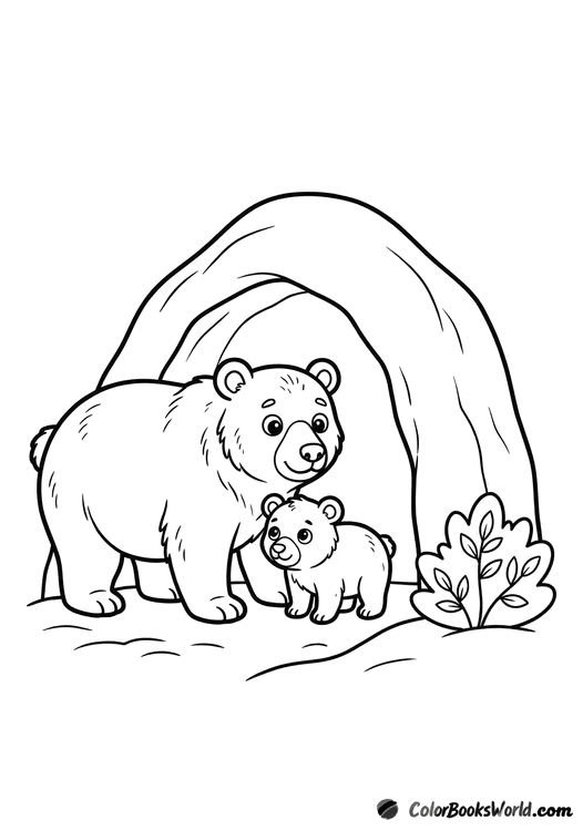 A mother bear stands protectively with her cub by a cave entrance beside a small bush.
