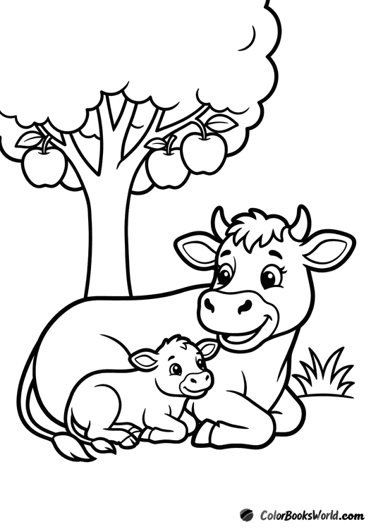 A mother cow lies with her calf in a meadow beneath an apple tree with two apples.