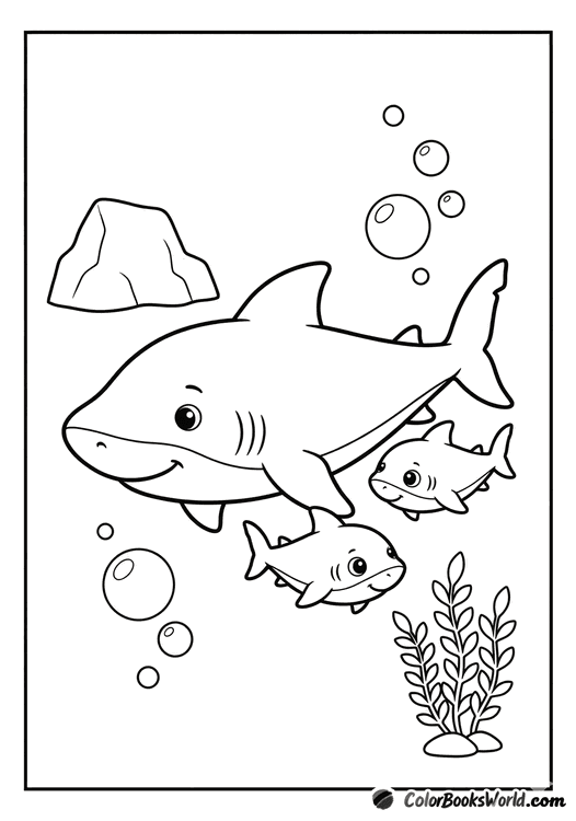 A friendly mother shark swims with two baby sharks near a rock, seaweed, and bubbles.