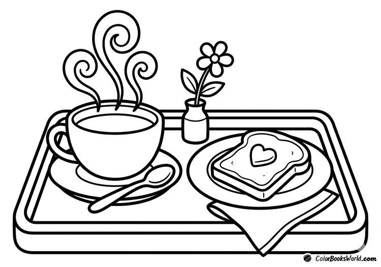 Breakfast tray with steaming tea, toast topped with a heart-shaped butter pat, and a small flower in a vase.