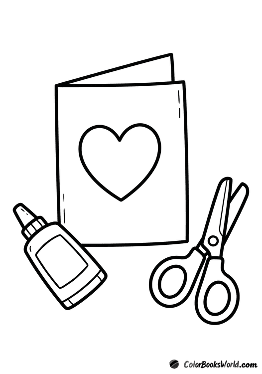 An open handmade card with a heart cutout, with a glue tube and safety scissors beside it.