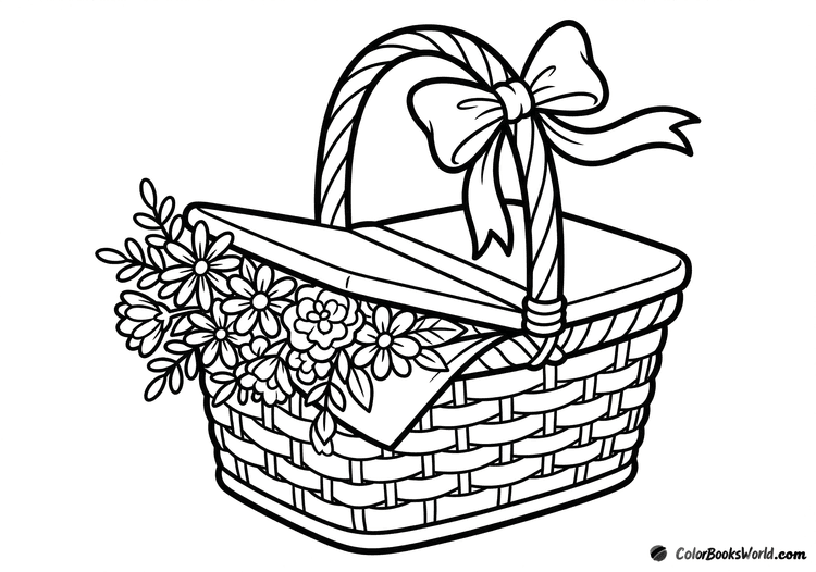 A closed picnic basket with flowers peeking out and a ribbon tied to the handle.