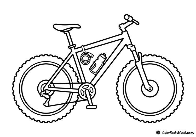Cartoon mountain bike with chunky tires, front suspension, a water bottle, and a coiled cable lock.
