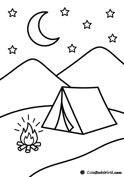 A tent and small campfire in a mountain valley under a crescent moon and stars.