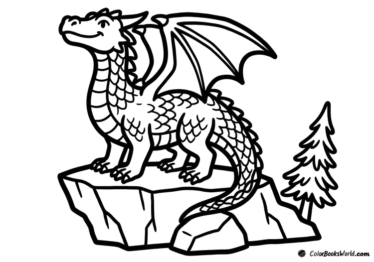 A proud mountain dragon stands on a jagged rock ledge beside a small pine tree.