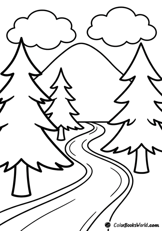 A winding hiking trail leading to a mountain peak, with three pine trees and clouds.