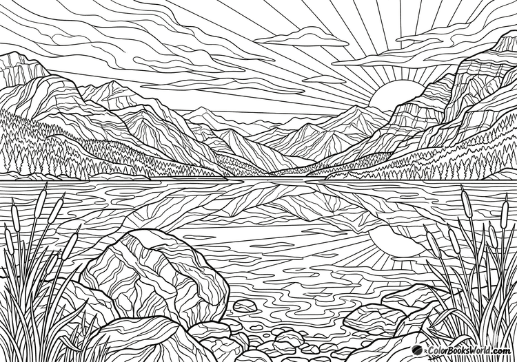 Line art of a calm mountain lake with sunrise over peaks, rocks on the shore, and reeds in the foreground.