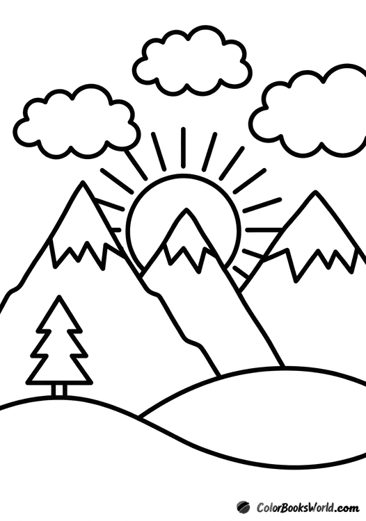 Three jagged mountain peaks at sunrise with clouds, rolling hills, and a lone pine tree.