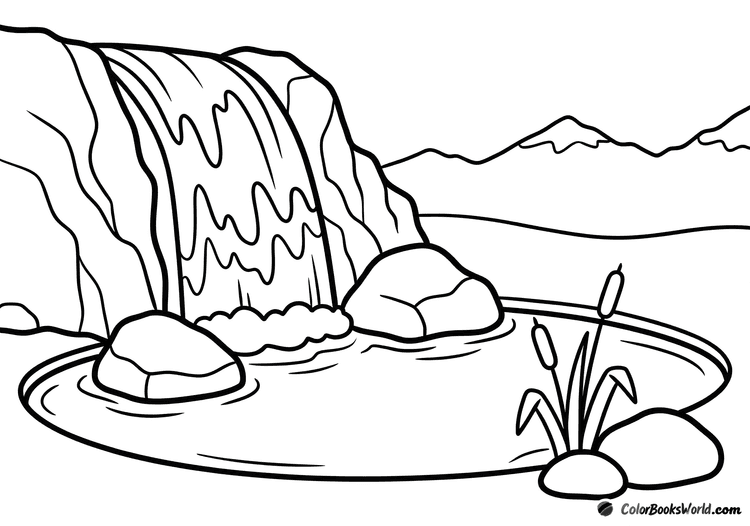 A simple waterfall flows into a quiet mountain pond with large rocks and reeds.