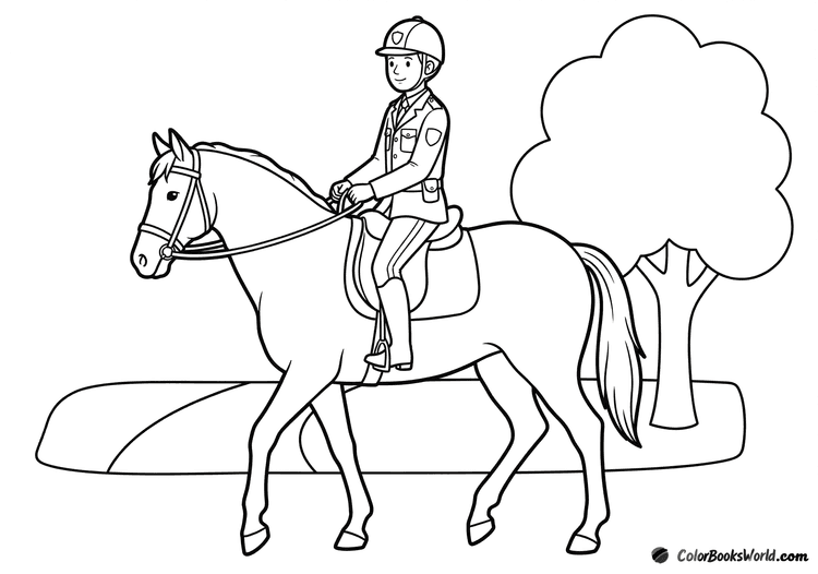 A mounted police officer rides a horse along a park path during patrol.