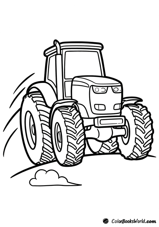Front view of a cartoon tractor with oversized wheels and motion lines showing speed.