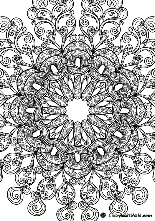 A detailed mandala composed of stylized mushroom caps with intricate gill patterns and flowing mycelial filigree.