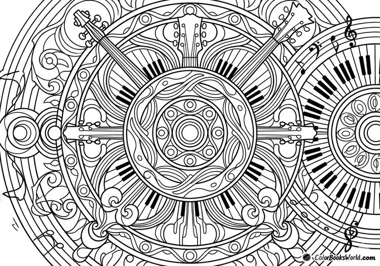 Radial mandala with guitar necks, piano keys, and musical notes arranged in symmetry.