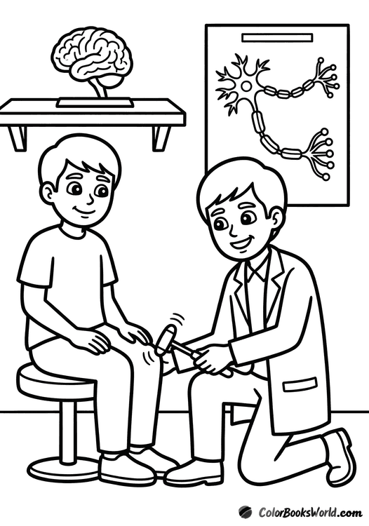 A neurologist tests a patient's knee reflexes with a medical hammer while a brain model is displayed behind them.