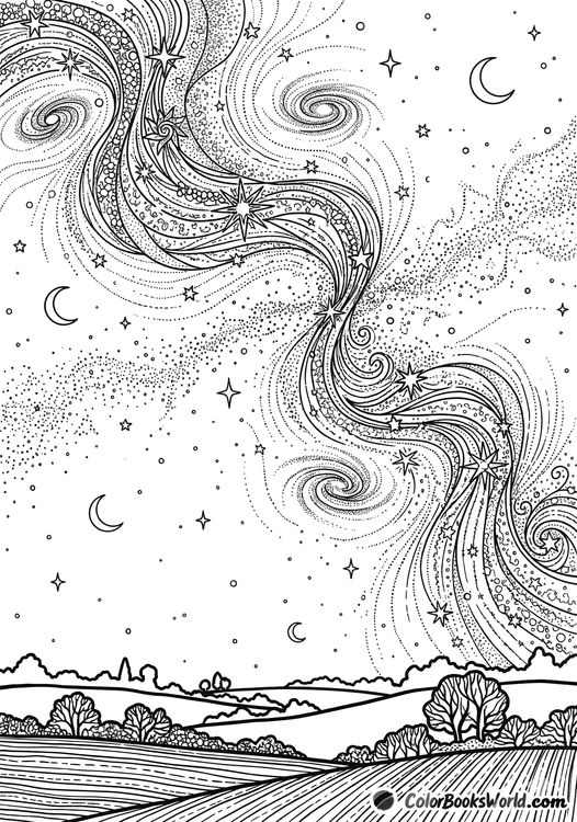 Detailed line art of a swirling Milky Way above rural fields and trees under a starry night sky.