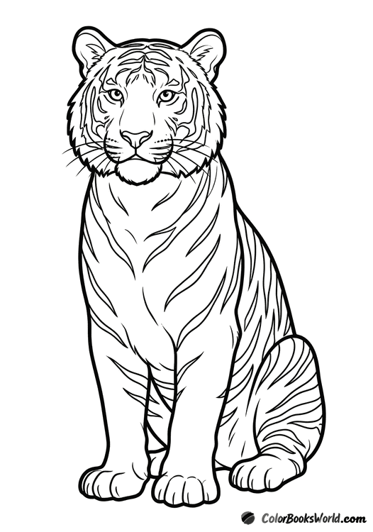 An adult tiger sits upright with a slightly puffed chest and bold stripes.