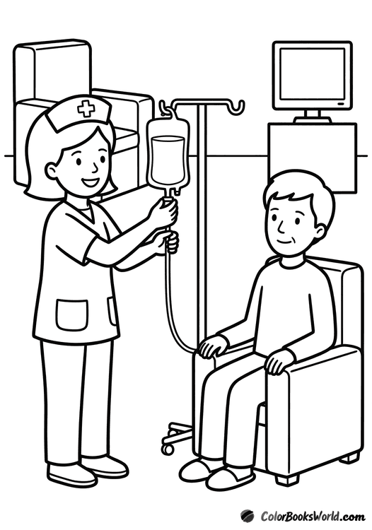 A nurse adjusts an IV drip stand beside a patient sitting in a chair.
