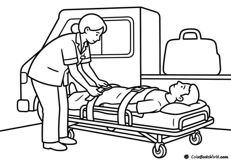 A nurse in uniform secures a patient on a stretcher inside an ambulance.