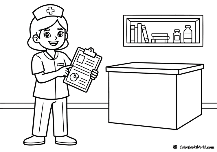 A nurse in uniform holds a clipboard and points to a patient chart in a hospital room.