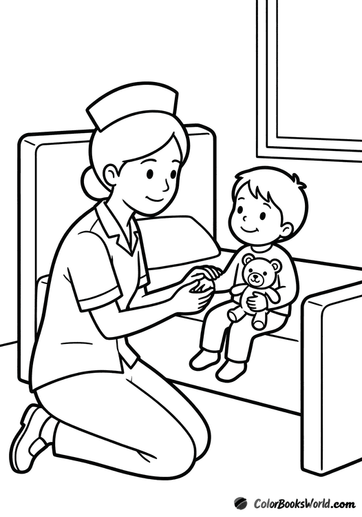 A pediatric nurse kneels beside a hospital bed, comforting a small child holding a plush toy.