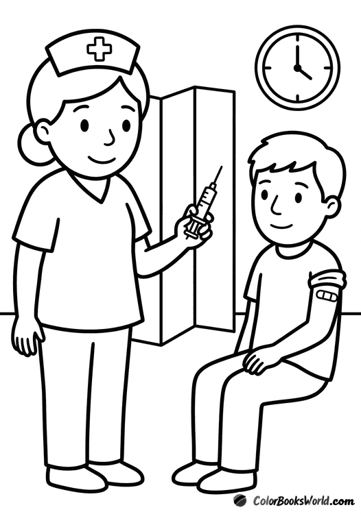 A friendly nurse prepares a syringe to give an injection to a patient behind a privacy screen.