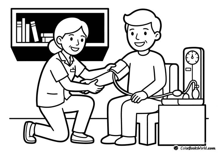 A nurse in uniform wraps a blood pressure cuff around a patient’s arm in a clinic room.