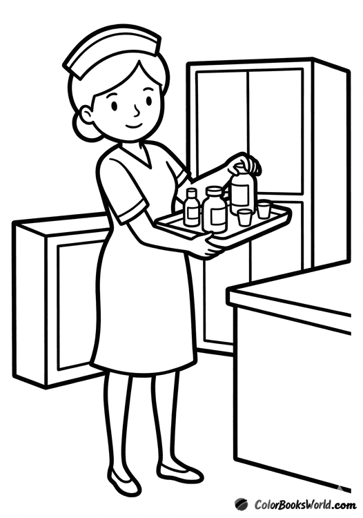 A nurse in uniform arranges medicine vials and cups on a tray in a hospital room.