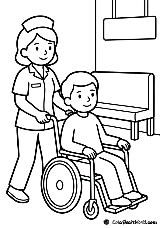 A nurse in uniform pushes a patient in a wheelchair along a hospital hallway.
