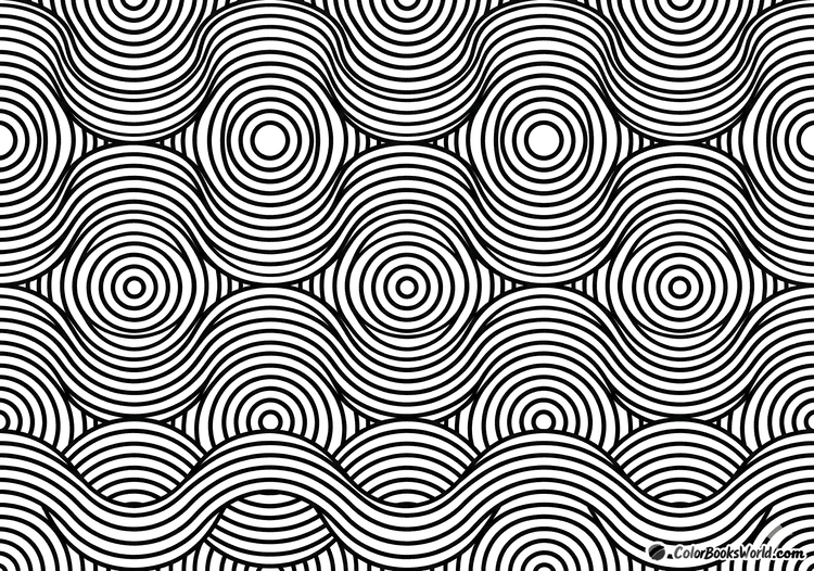 A hypnotic geometric pattern with concentric circles and flowing wave lines in black and white.